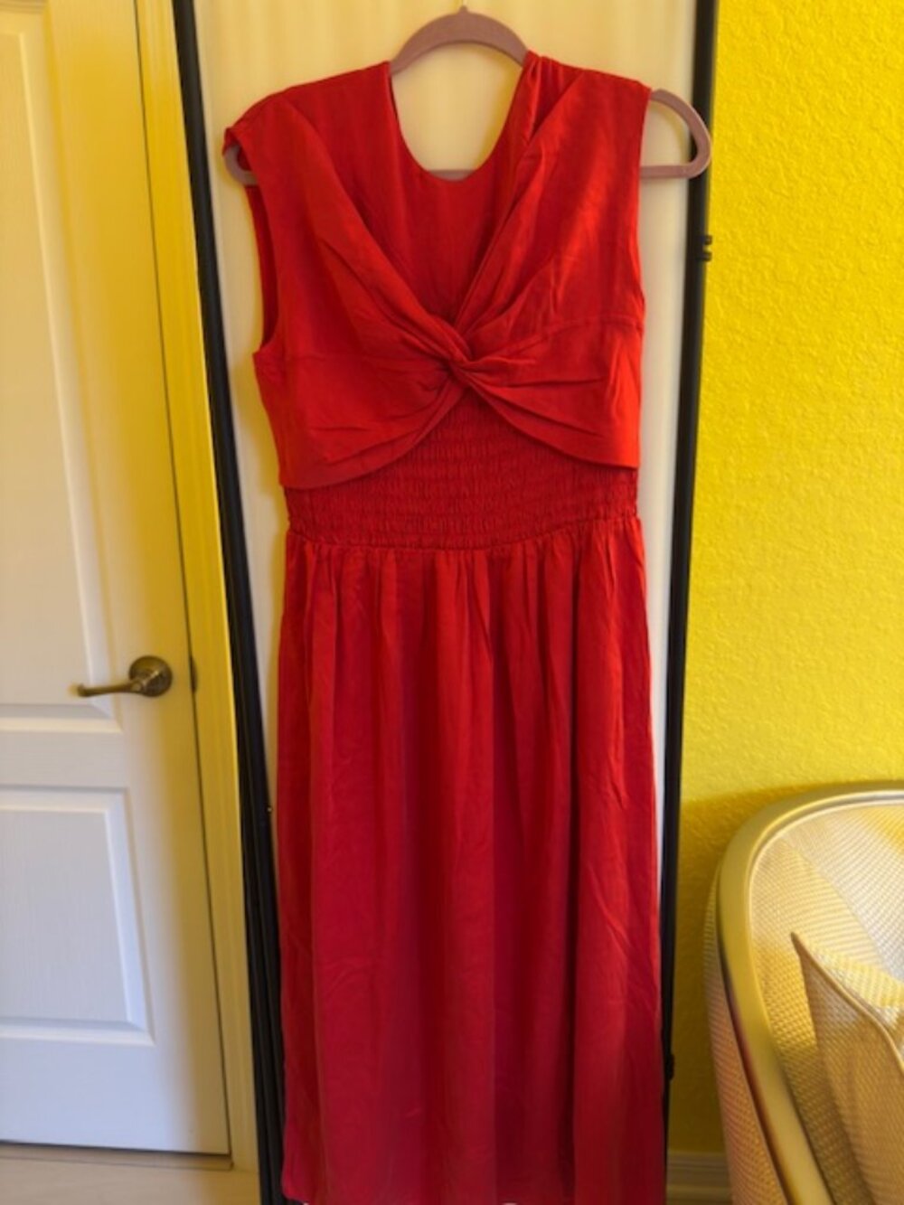 TOVE "Mahany" Red Silk Twist-Front Smocked Waist Midi Dress — Size 40 (US 8)